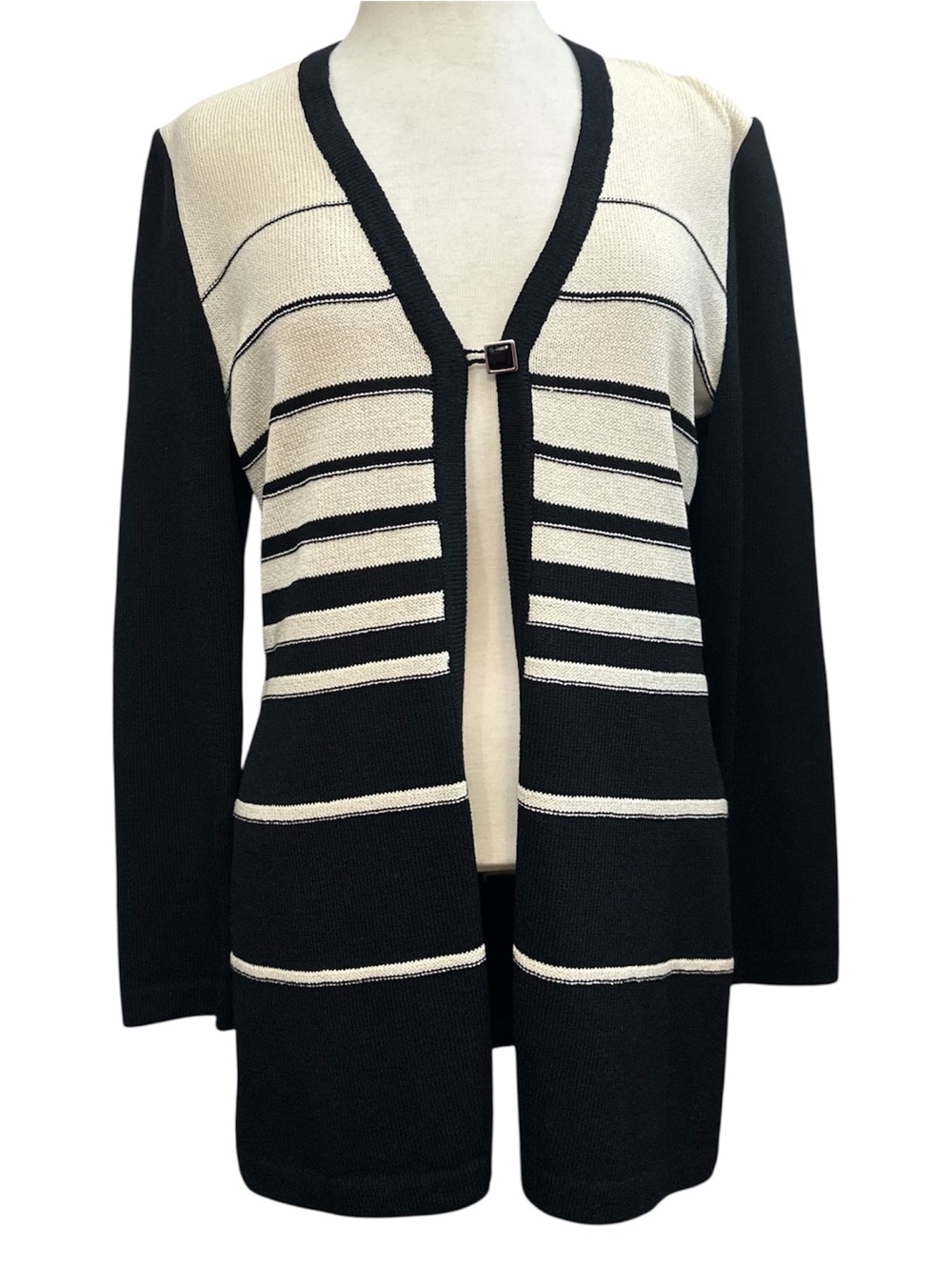 ST. JOHN Vintage 90s Cream Black Stripe Long Cardigan Sweater 8